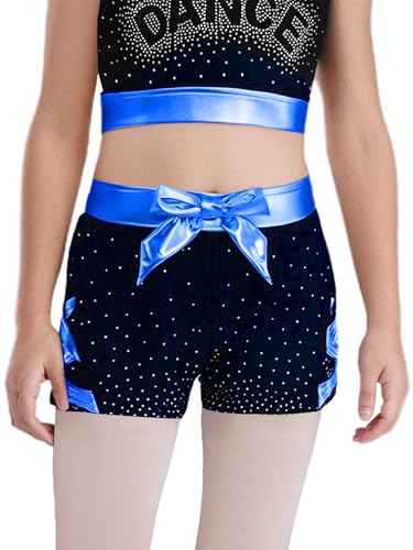 Kids Girls Glittery Dance Skating Shorts Metallic Bow Elastic Waistband Sides Crisscross Sports Bottoms