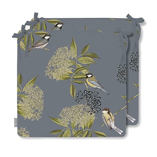 Izabela Peters Luxury Outdoor Waterproof Chair Seat Cushions Set Of 2 |High Density Foam Seat Pads for Garden Furniture, Indoors & Outdoors Dining Chairs | Bird On Elderflower Grey