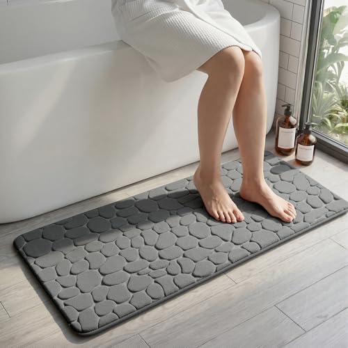 YIHOUSE Memory Foam Runner Rug, Cobblestone Bathroom Runner Rugs Super Water Absorbent Bath Mats for Bathroom Machine Washable Bath Rugs for Hallway Bedroom Laundry Room(20 x 47,Dark Gray) - image 1