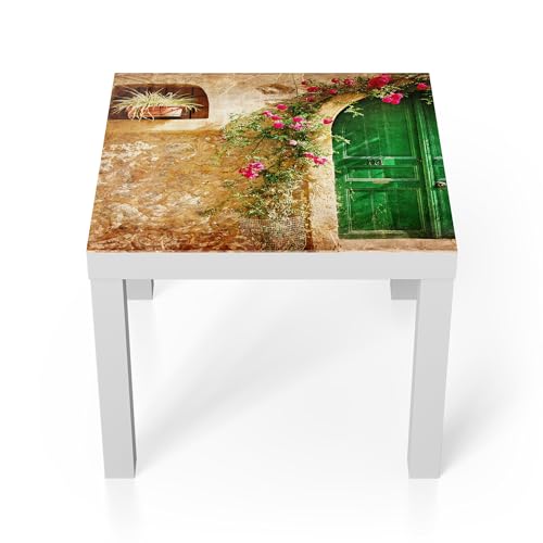 DEQORI Mesa de cristal | blanco pequeño 55 x 55 cm | diseño de puertas florecientes | mesa auxiliar de cristal | mesa de centro brillante para el salón | moderna mesa de sofá con diseño