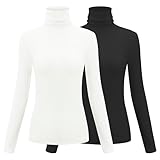 2 Pack Womens Long Sleeve Turtleneck Slim Fitted Lightweight Casual Active Layer Tops Shirts Black White Small