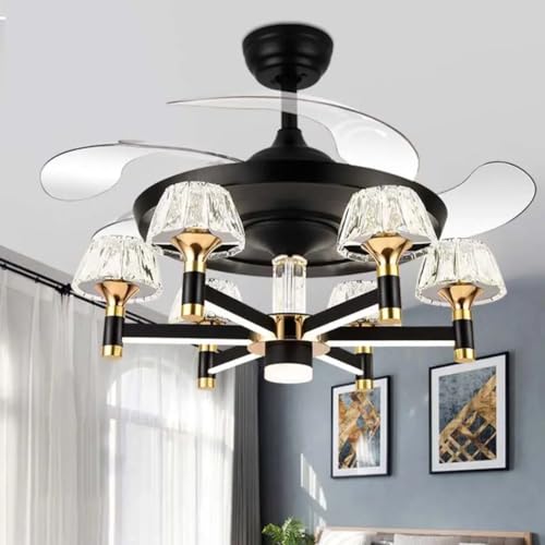 Image of Glowave Luxury Chandelier Ceiling Fan with Retractable Blades Crystal Glass Shades LED Light Remote Controlled Black & Gold Finish - Tricolour |White, Warm White, Natural White| (FI-7660)