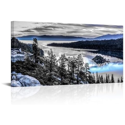 sechars Lake Tahoe Canvas Wall Art Decor Black and White Blue Mountains Picture Photo Prints California Landscape Painting for Living Room 24x48 Inch Cover