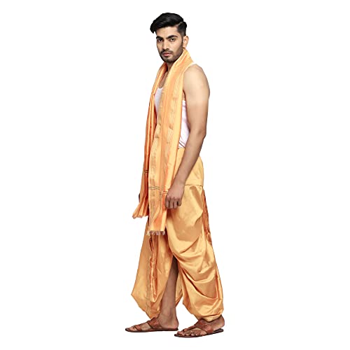 Image of Rameshwaram Fabrics Readymade Dhoti for Men, Velcro Style Stitched Mens Silk Dhoti Pant with Stole Set