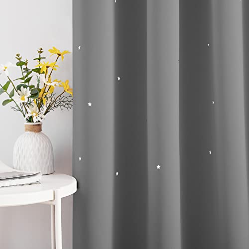Nicetown Cutout Stars Curtains For Kids Room 2 Panels Romantic Sparkle Starry Sky Space Theme Light-Filtering 84 Inches Length Blackout Windows Curtains, 52" Width, Silver Grey #TOP1