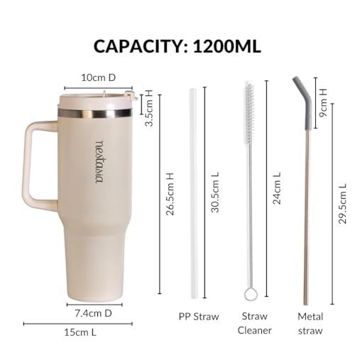 Image of Nestasia GripSip40 Tumbler with Straw & Side Handle 1.2L | Insulated Stainless Steel Sipper Water Bottle for Adults with Dual Flip Opening Sip-Swig Leakproof Lid for Office & Gym (Pearl White)