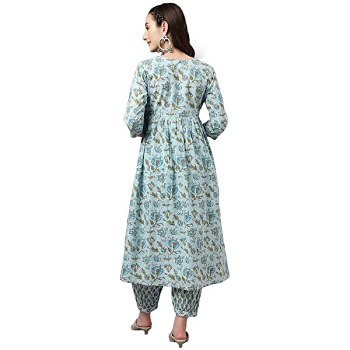 Image of FIORRA Women's Light Blue Pure Cotton Flared Kurta with Pant