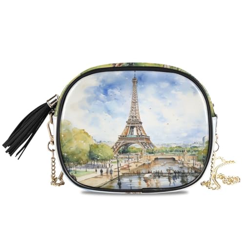 Image of ALAZA Women's Paris Eiffel Tower Tower Watercolor PU Leather Crossbody Bag Shoulder Purse with Tassel