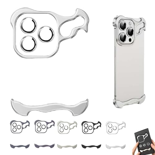 soluk Coque de téléphone anti-chute en métal à forme spéciale, coussinet d'angle en métal anti-chute avec film d'objectif sans cadre pionnier argenté | pour iPhone 15promax
