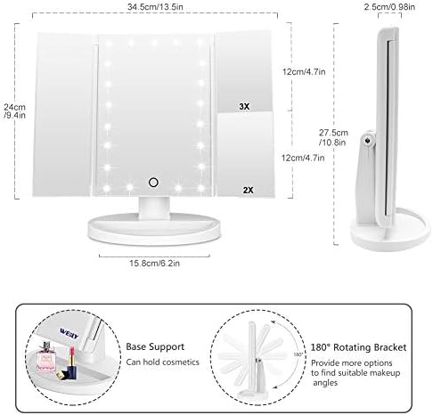 WEILY Vanity Makeup Mirror,1x/2x/3x Tri-Fold Makeup Mirror with 21 LED Lights, Adjustable Touch Screen Lighted Mirror Dressing Mirror, gift for women (white)
