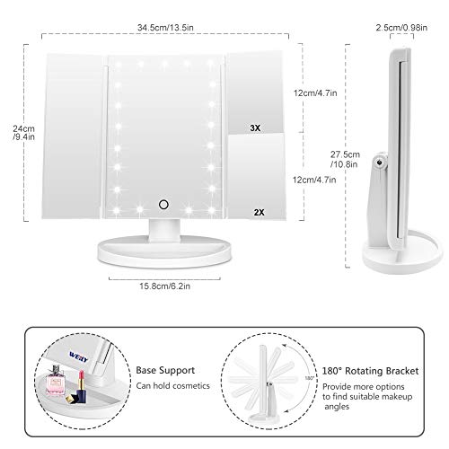 WEILY Makeup Mirror with 21 LED Lights,Two Power Supply Modes, Adjustable Touch Screen and 1x/2x/3x Magnification Tri-Fold Vanity Mirror,Chargeable Travel Cosmetic Mirror for Desktop(White) by WEILY - Image 4