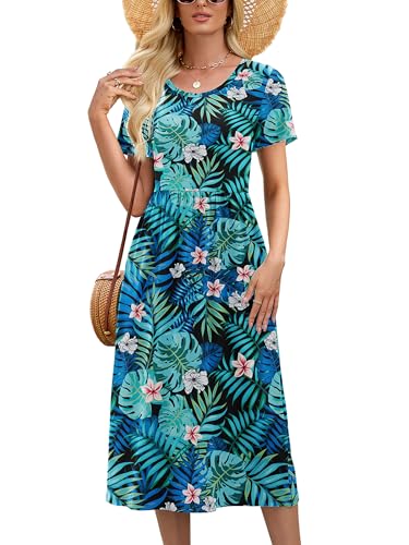 Heymoments Ladies Dresses Floral Print Large Wedding Guest Crewneck Short Sleeves A line Casual Flowy Swing Cocktail Slimming Birthday Party Summer Travel Long Midi Dresses with Pocket