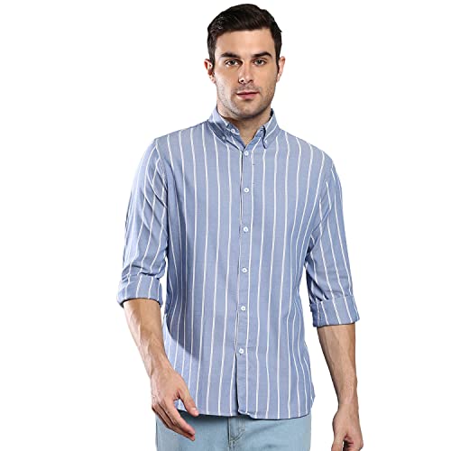 Image of Dennis Lingo Men's Striped Slim Fit Oxford Cotton Casual Shirt with Button Down Collar & Full Sleeves