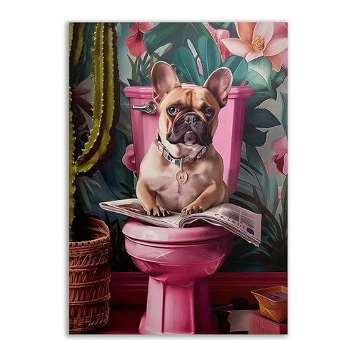 Cuadros modernos para baños pequeños: lienzo de perro en el váter rosa