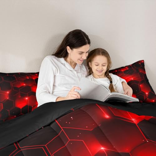 Image of Feelyou Honeycomb Bedding Set Full Size, Beehive Geometric Black Red Comforter Set Geometrical Comforter for Kids Boys Girls Teens Geometric Honeycomb Duvet Set Durable Quilt Set Full Size