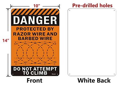 2 Pack Danger Protected By Razor Wire and Barbed Wire, Do Not Climb Sign 14\" x 10\" Safety Warning Sign Metal Reflective Rust Aluminum UV Protected Waterproof Easy Mounting Outdoor Use Fade Resistant - Thumbnail 2