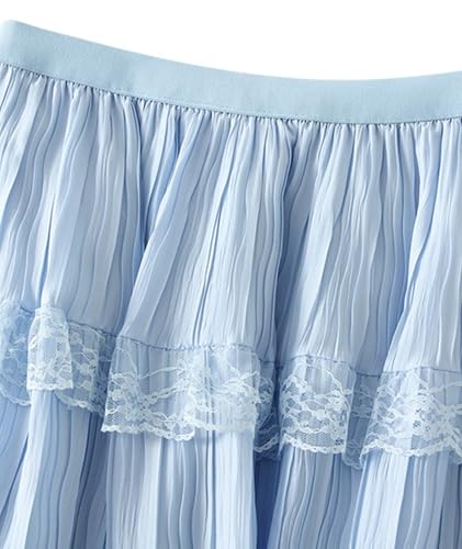 Womens Elastic High Waisted A Line Midi Skirt Trendy Layered Lace Pleated Cute Skirts3