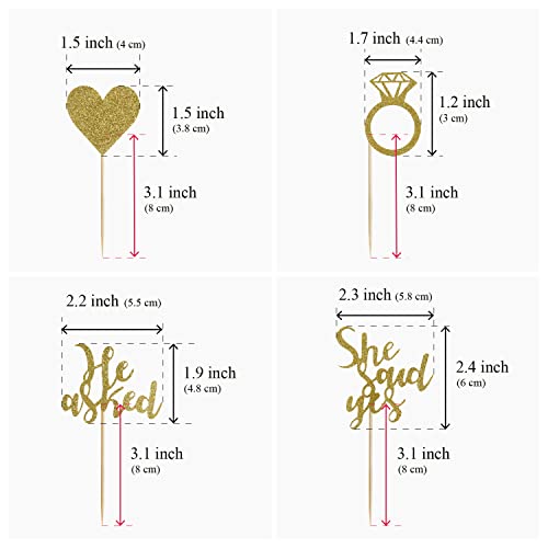 Hidori 24 Pcs He Asked She Said Yes Cupcake Toppers For Engagement Party, Gold Glitter Bridal Shower Decorations With Heart Diamond Ring, Bachelorette Food Picks (W-A6/ Gold) #TOP6