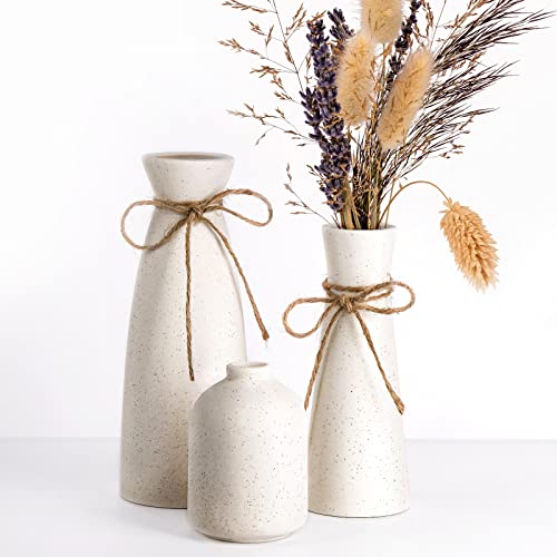 NiHome White Ceramic Vase Set of 3, Small Boho Flower Vases for H...