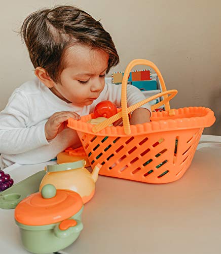 NextX Pretend Play Food Toys for Girls and Boys, Kitchen Cutting Fruits & Vegetables Set with Storage Basket for Kids