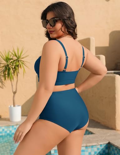 Tuopuda Maillot de Bain Femme 2 Pieces Grande Taille Push Up Rembourré Bikini Deux Pièces Col V Élégant Haut avec Bas de Maillot de Bain Swimwear de Plage Beachwear Été M-4XL, Vert-Bleu, XL – vue 3
