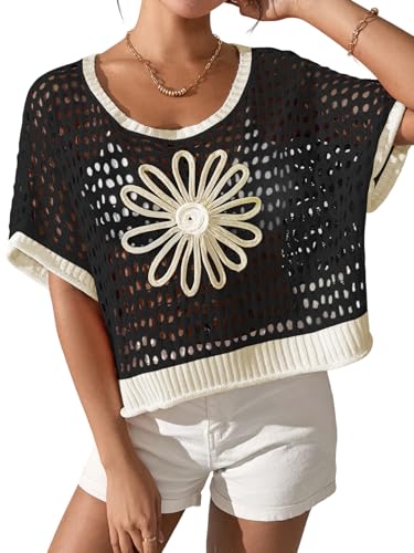 Image of OCSTRADE Summer Crochet Tops for Women Boho Crop Hollow Out Sweaters Beach Vacation Knit Cover Ups
