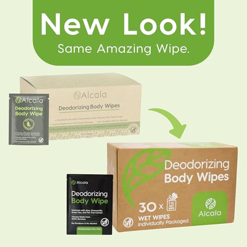 Image of Alcala Deodorizing Body Wipes Individual Shower Wipes - (30 Pack) | With Aloe Tea Tree - 100% Pure Biodegradable Bamboo Wet Wipes - Ideal for Camping Hiking, Hospitals & Gym