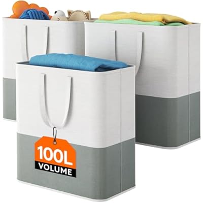 Lifewit 3 x 100L Laundry Hamper, Freestanding Laundry Basket with Handles, Waterproof Tall Collapsible Clothes Hamper for Laundry Dorm Bedroom Bathroom, Dark-Light