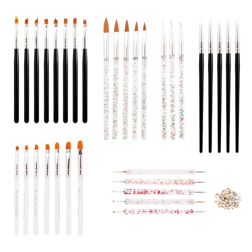 Gasea 33 Pcs Pinceles para Uñas, 18pcs Pincel Uñas Acrilicas para Nail Art + 3pcs Pinceles de Uñas de Detalle + 5pcs Dotting Pen para Uñas + 7pcs Manicura de Pinceles + 50pcs Diamantes de Imitación