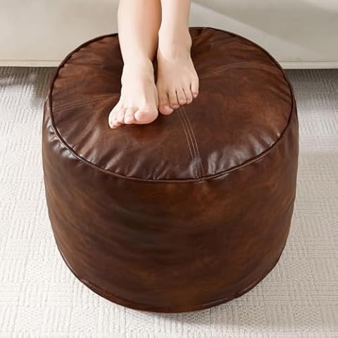 HIGOGOGO Round Stuffed Pouf Ottoman, Pu Leather Poufs with Foam Chunk Filling, Furry and Fluffy Pouf Foot Stool Storage Ottoman, 26 X 18 Floor Poufs Foot Rest for Living Room,Dark Brown Cover