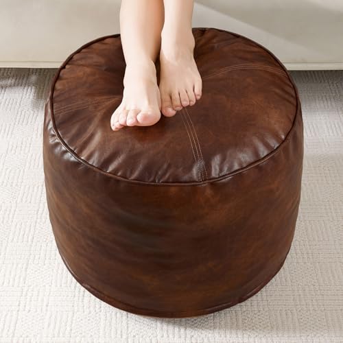 HIGOGOGO Round Stuffed Pouf Ottoman Pu Leather Poufs with Foam Chunk Filling Furry and Fluffy Pouf Foot Stool Storage Ottoman 20 X 15 Floor Poufs Foot Rest for Living Room Dark Brown