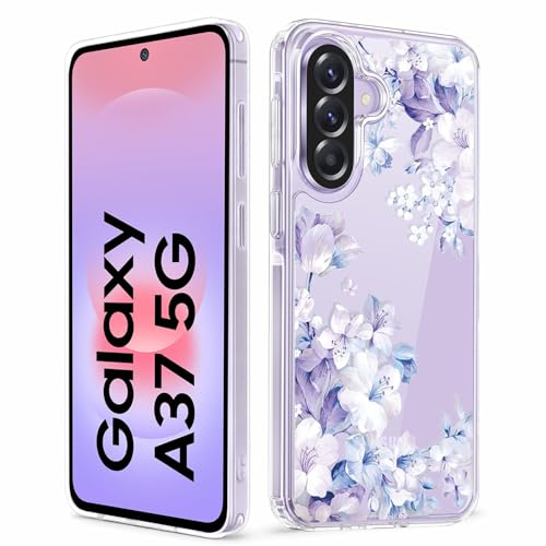 Image of Elzzi Clear Transparent Flower Cover for Samsung A37 / A57 5g Case Shockproof Case Floral Design Full Camera Protection Shockproof PC+TPU Covers for Girls & Women (Purple)