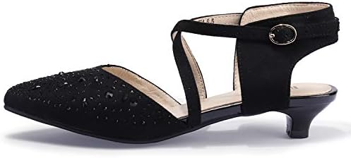 IDIFU Women's Sequins Wedding Kitten Small Heel Shoes Ankle Strap Bridal Bride Dance Dress Shoes - Silver Gold Black（Black Suede, 8） | Image 3