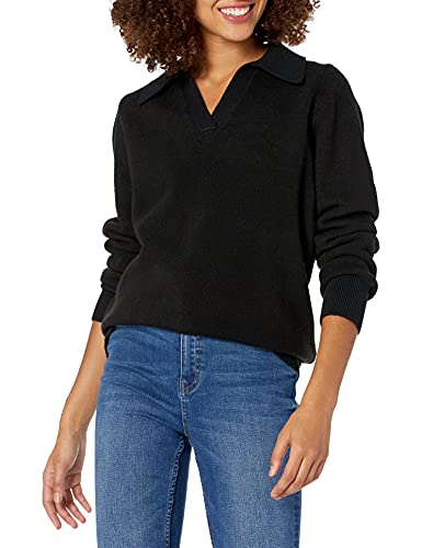 Image of Cable Stitch Women's Two Tone Polo Neck Open Collar V-Neck Sweater - Long Sleeve Relaxed Pullover Top