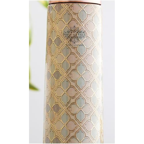 Image of INDIAN ART VILLA Copper Gold Print Copper Bottle, Copper Drinkware, 800 ML, Gold Printed White
