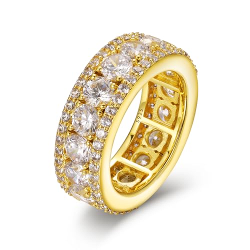 TUHE 4.2-17 Carats Moissanite Rings for Men, 3 Rows Iced Out Rings Lab Created Diamond Ring 18K Yellow Gold Plated 925 Sterling Silver Moissanite Wedding Rings Hip Hop Jewelry with GRA Certificate