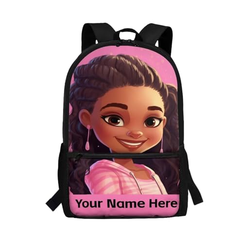 Custom Name African Girls Backpack 10-12 Years Old Afro Bookbag Personalized School Bag for Kids Age 8-10 Black Schoolbag Elementary Middle Student Book Bags With Water Bottle Holder