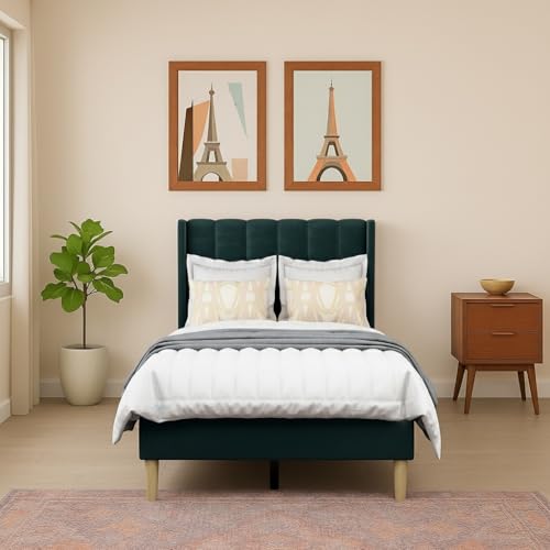 Image of Wooden Upholstered Bed Single Size Without Storage | Wrought Iron Single Size Cot with Headboard | Upholstered Bed for Bedroom | Palang Furniture for, Living Room, Dark Green, (Dark Green)