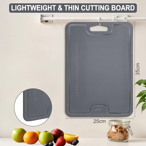 Chopping Board, Double Sided TPU Flexible Cutting Board with Scale and Handle, Non-Slip BPA Free Chopping Board with Deep Drip Juice Groove, Dishwasher Safe Chopping Boards for Kitchen, Grey Black