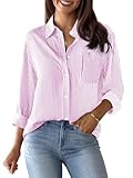 Button Down Shirts for Women Striped Dress Shirts Long Sleeve Collared Cotton Blouses Work Business Casual Tops-Pink and White XS
