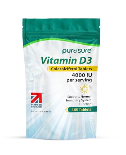 Purosure Vitamin D3 Colecalciferol 4000 IU Supplements | 365 High Strength Easy to Swallow Tablets | 12 Months Supply | Supports Norma Immunity System Function | Manufactured in the UK | (365 Tablets)