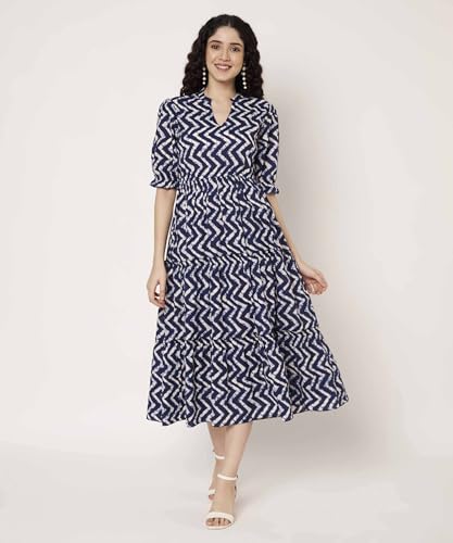 Image of PIDAVLIYA'S Women's Cotton Floral Printed Midi Dress | V-Neck Fit & Flare Dress with Puff Sleeves | Casual Summer Wear