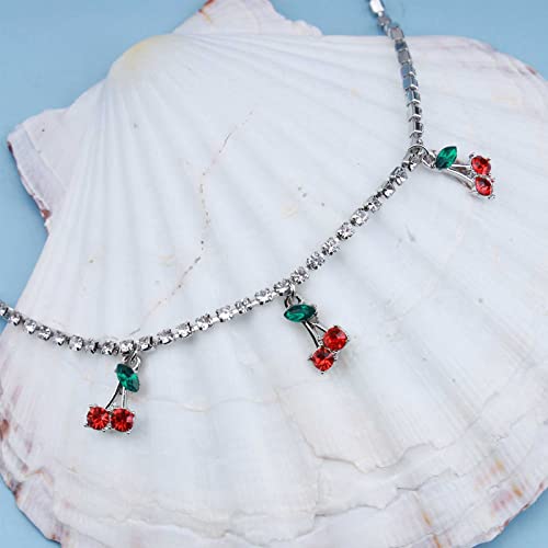 Erimberate Bohemian Cherry Anklets Cubic Rhinestone Dangle Ankle Bracelets Silver Tassel Fruit Anklet Sparkle Tennis Chain Anklets Foot Jewelry For Women And Girls #TOP3