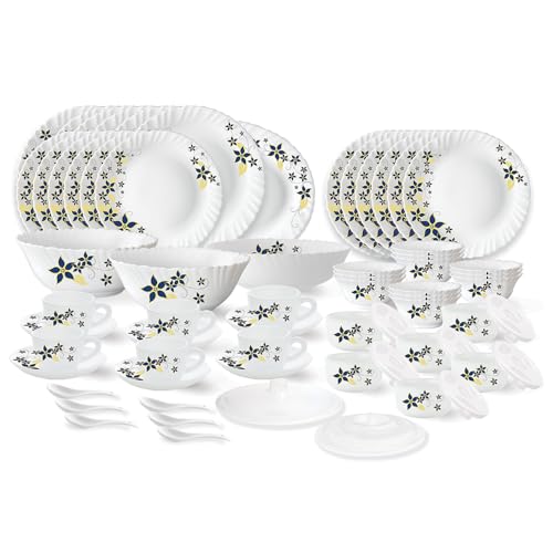 Image of Larah by Borosil Viva Fluted Series Opalware Dinner Set | 66 Pieces for Family of 6 | Microwave & Dishwasher Safe | Bone-Ash Free | Crockery Set for Dining & Gifting | Plates & Bowls | White