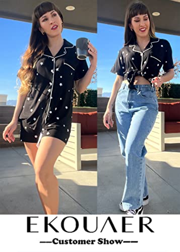 Ekouaer Pajamas Set Womens Button Down Loungewear Short Sleeve Stars Print Sleep Sets Soft Pjs(Pat27-Black With Stars,Small) #TOP4