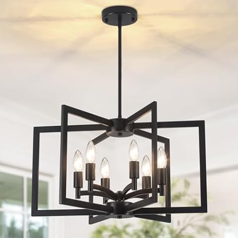 6-Light Black Chandelier Dining Room Lights Modern Farmhouse Entryway Chandeliers Kitchen Pendant Lighting Over Island, Adjustable Height Industrial Chandeliers for Foyer Hallway Bedroom Living Room Cover