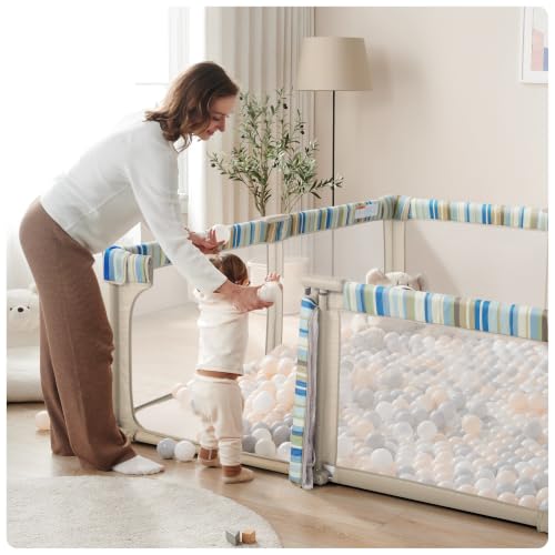 Image of Sweeby Baby Playpen, 79x71 Inch Baby Gate Playpens for Babies and Toddlers, Extra Large Playpen with Door Play Yard for Fence Indoor and Outdoor Play Pen, Khaki Stripe