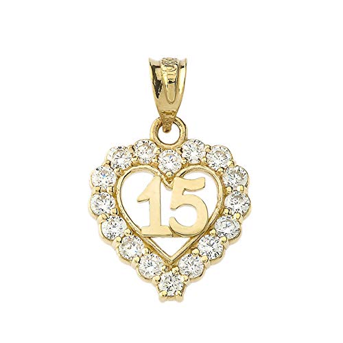 Elegant 14k Yellow Gold Quinceanera Open Heart Charm Pendant Necklace with Cubic Zirconia2