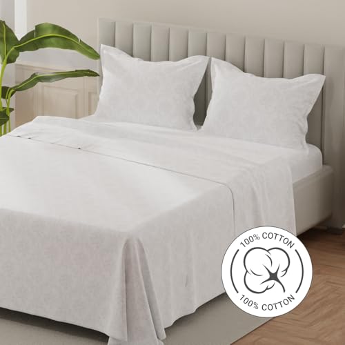 Image of Layers 100% Cotton Bedsheet for King Size Bed | Lumina Floret Collection | 144 TC Soft & Breathable | Printed with 2 Pillow Covers | Wrinkle Free & Colorfast | 3 Piece Bedding Set - White & Grey