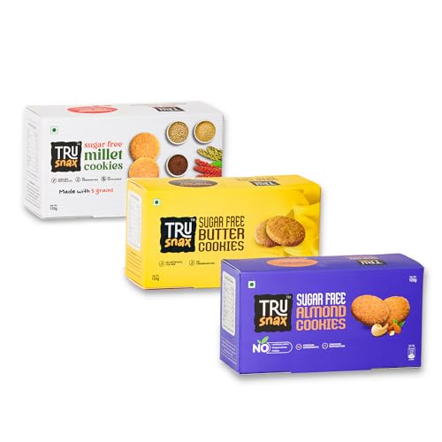 Image of TruSnax Sugarfree Almond Butter and Millet Cookies Combo | High in Fibre | Diabetic Friendly | No Preservatives | 360g(120 * 3)